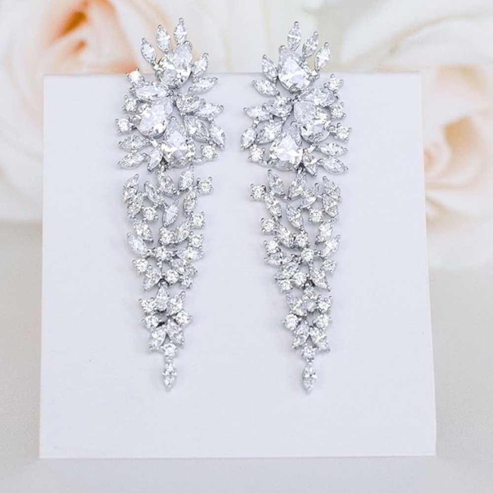 Elegant Silver Crystal Drop Waterfall Earrings White Gold Plated Bridal Jewelry